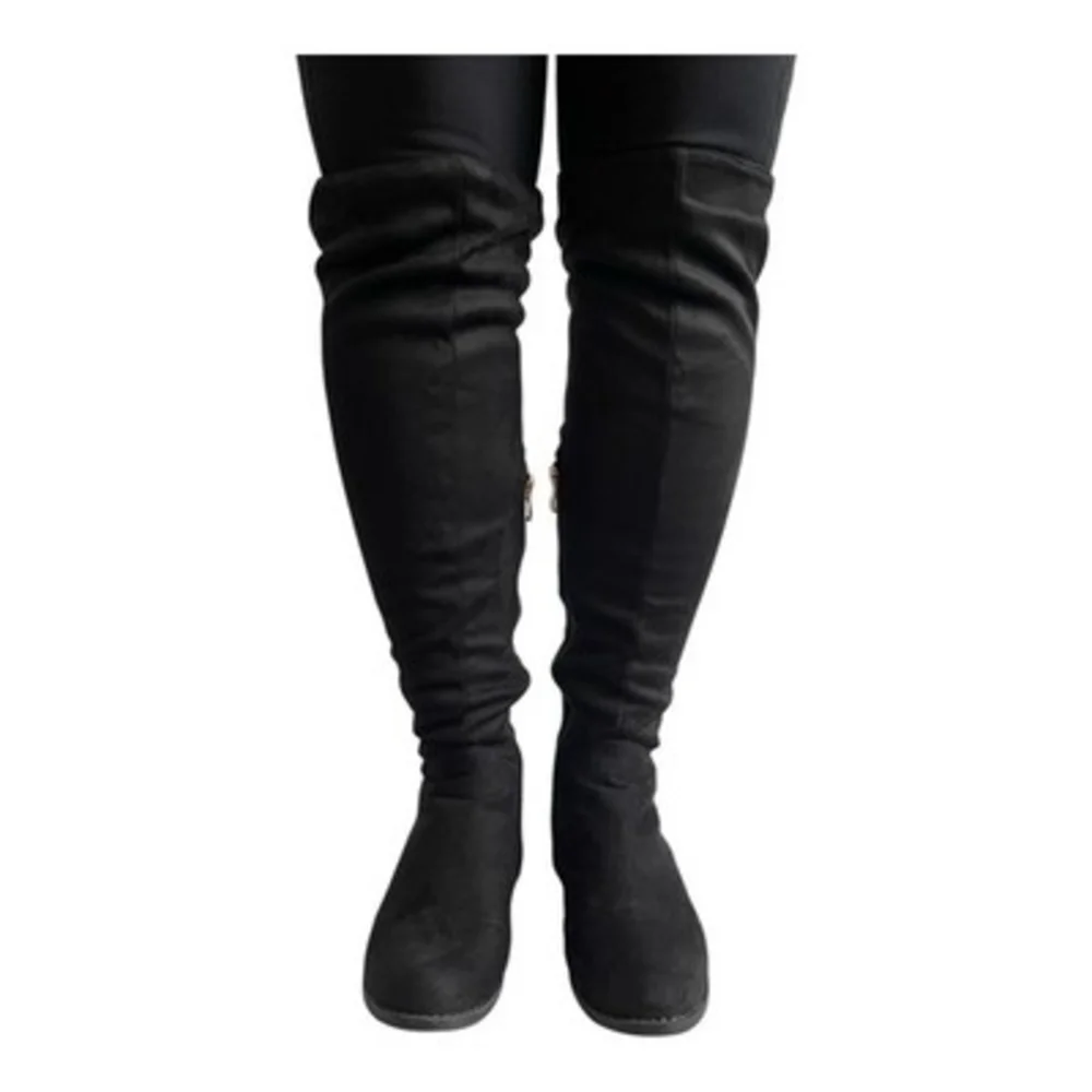 Women’s Black Over The Knee Boots Faux Suede Thigh High Low Heel Shoes Size 6